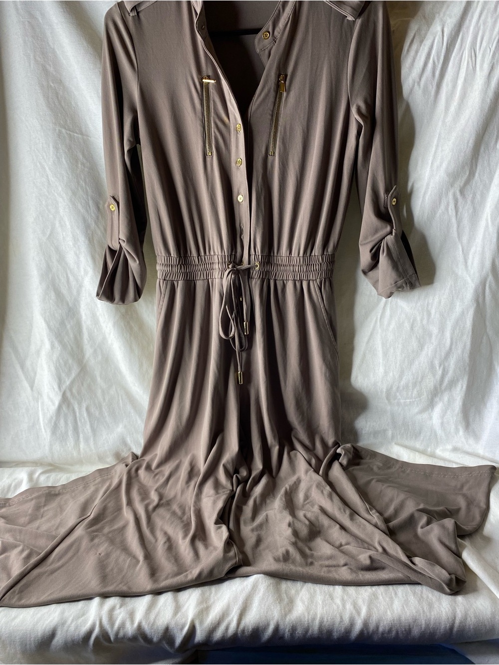Calvin Klein Taupe Maxi Jumpsuit with Drawstring Waist